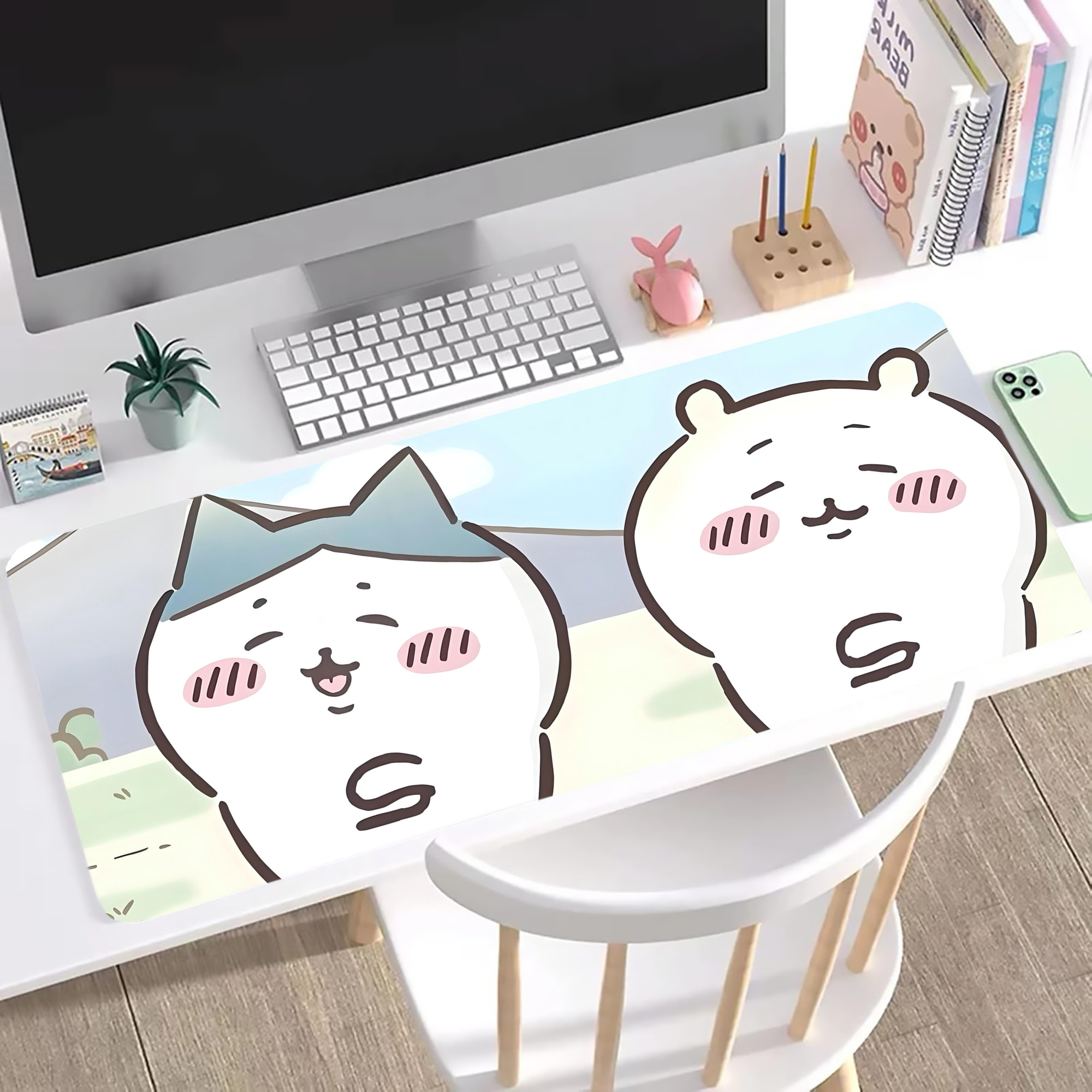 （画像用） ちいかわ Chii-kawa ステッチ加工 大判デスクマット／滑り止めマウスパッド