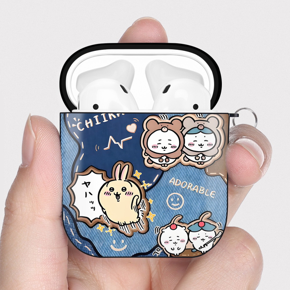 （画像用） ちいかわ Chii-kawa AirPods 第2世代保護ケース ハードシェル ブラック 耐衝撃・防指紋・カラビナ付き