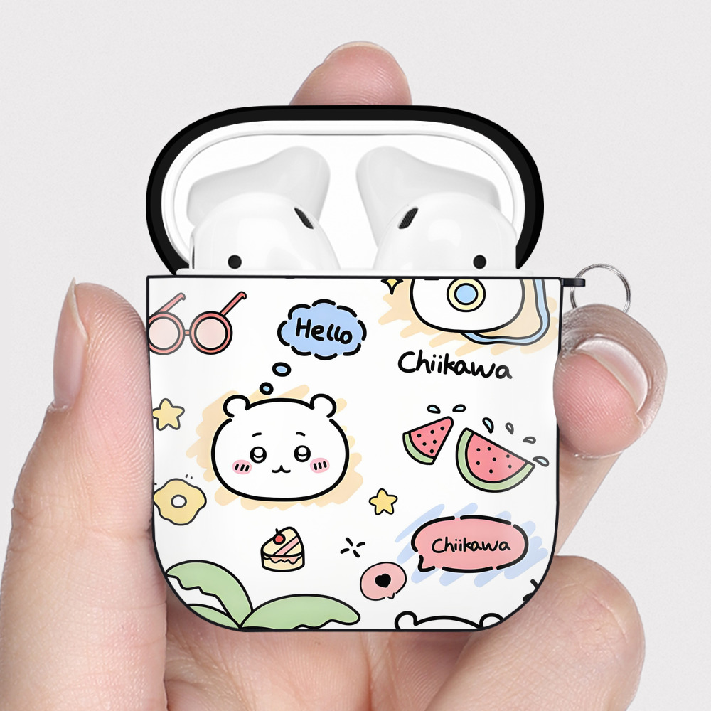 （画像用） ちいかわ Chii-kawa AirPods 第2世代保護ケース ハードシェル ブラック 耐衝撃・防指紋・カラビナ付き