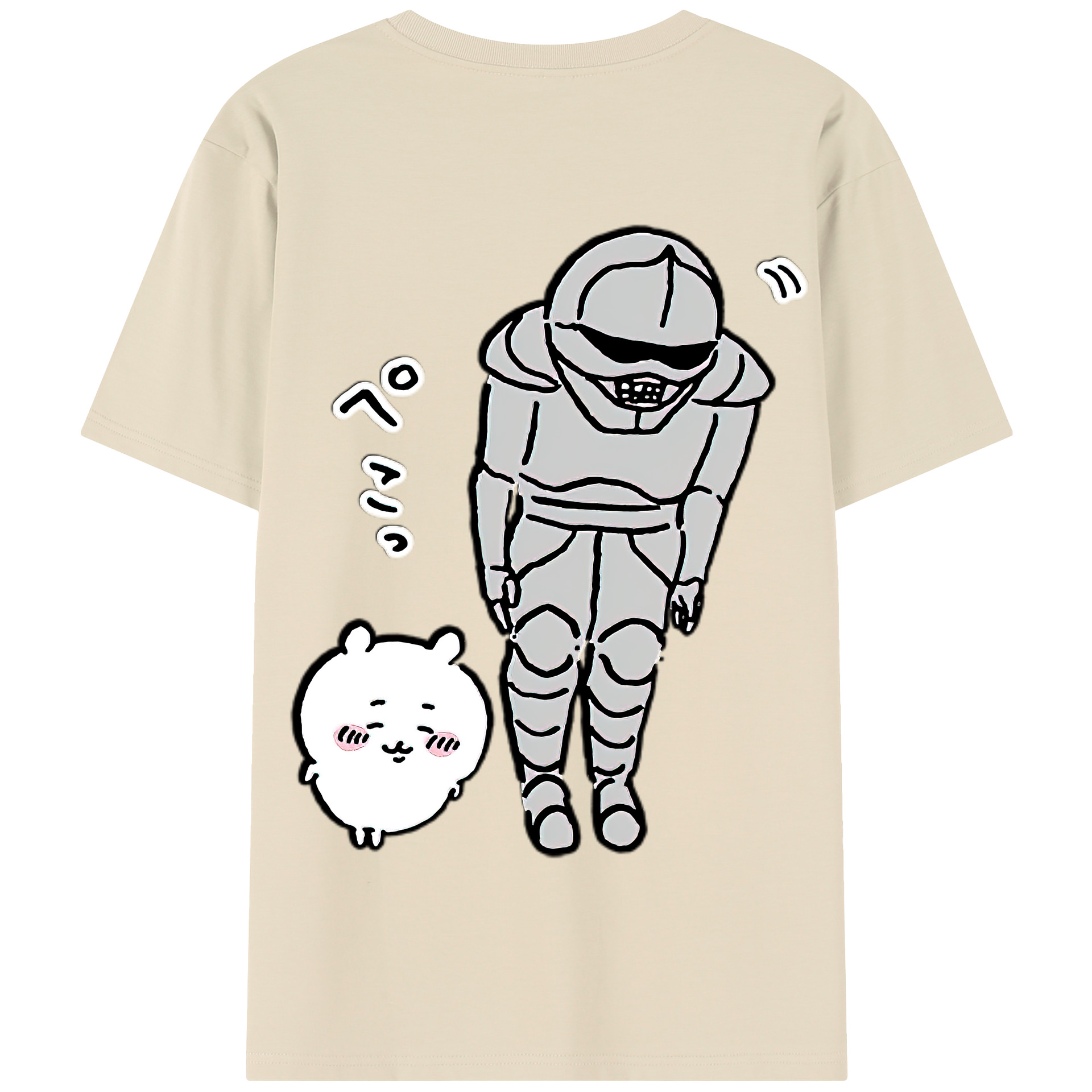 （画像用） ちいかわ 労働の鎧さん Chii-kawa Mr. Armor of Labor 綿100％半袖Tシャツ（背面プリント）