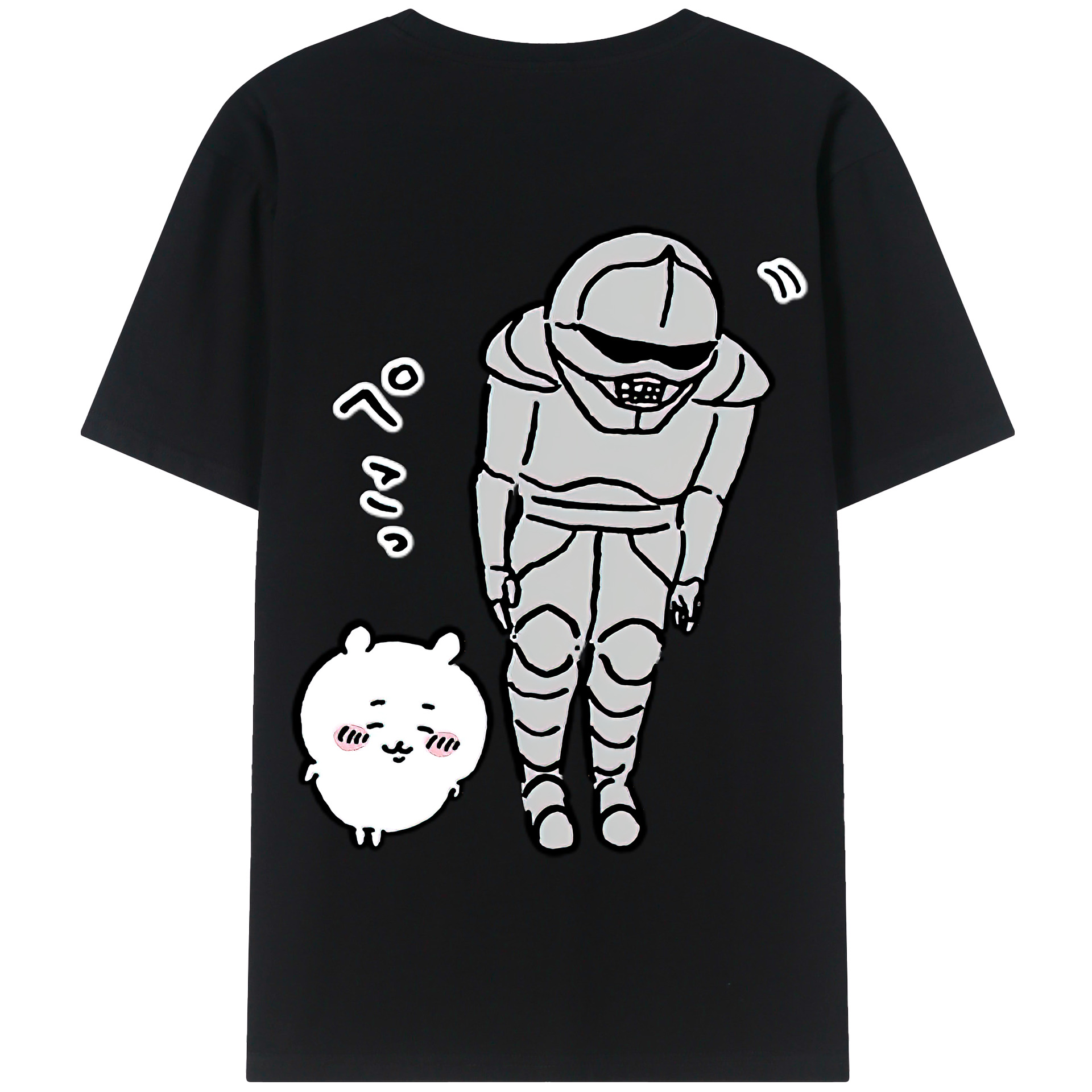 （画像用） ちいかわ 労働の鎧さん Chii-kawa Mr. Armor of Labor 綿100％半袖Tシャツ（背面プリント）