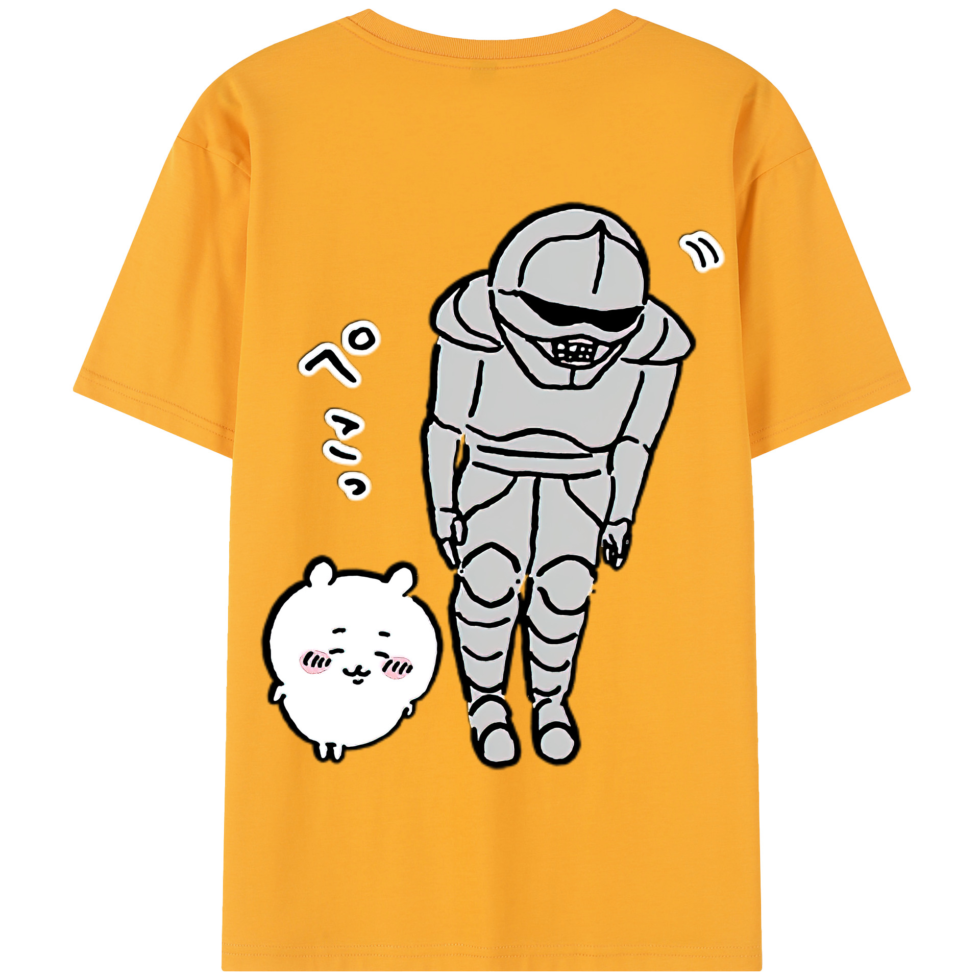 （画像用） ちいかわ 労働の鎧さん Chii-kawa Mr. Armor of Labor 綿100％半袖Tシャツ（背面プリント）