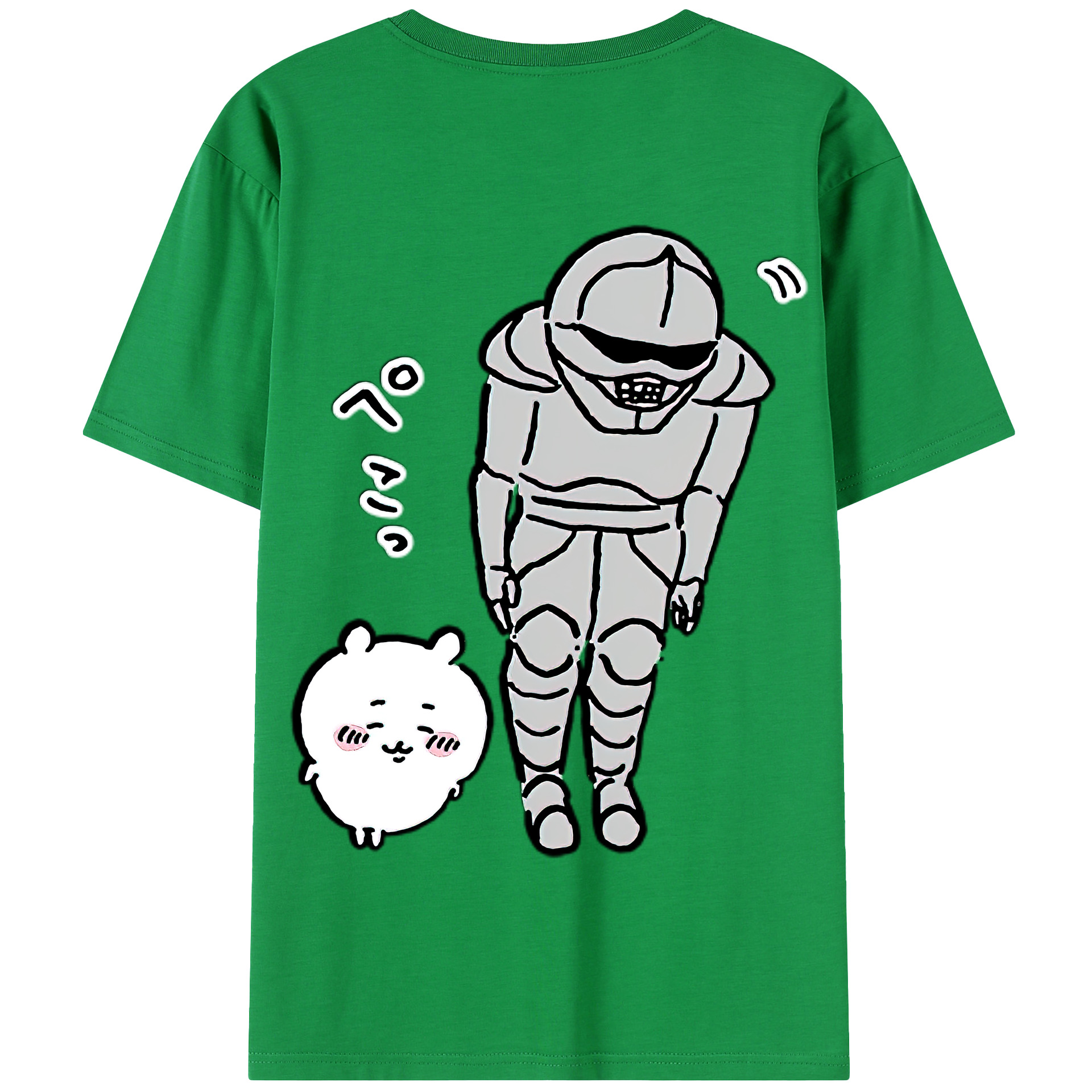 （画像用） ちいかわ 労働の鎧さん Chii-kawa Mr. Armor of Labor 綿100％半袖Tシャツ（背面プリント）