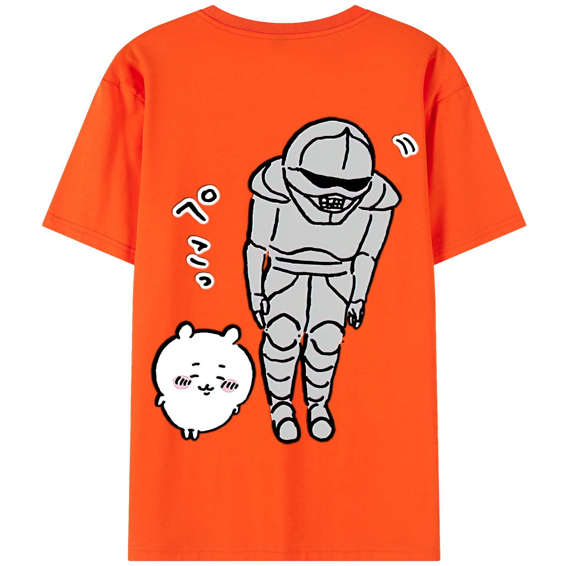 （画像用） ちいかわ 労働の鎧さん Chii-kawa Mr. Armor of Labor 綿100％半袖Tシャツ（背面プリント）