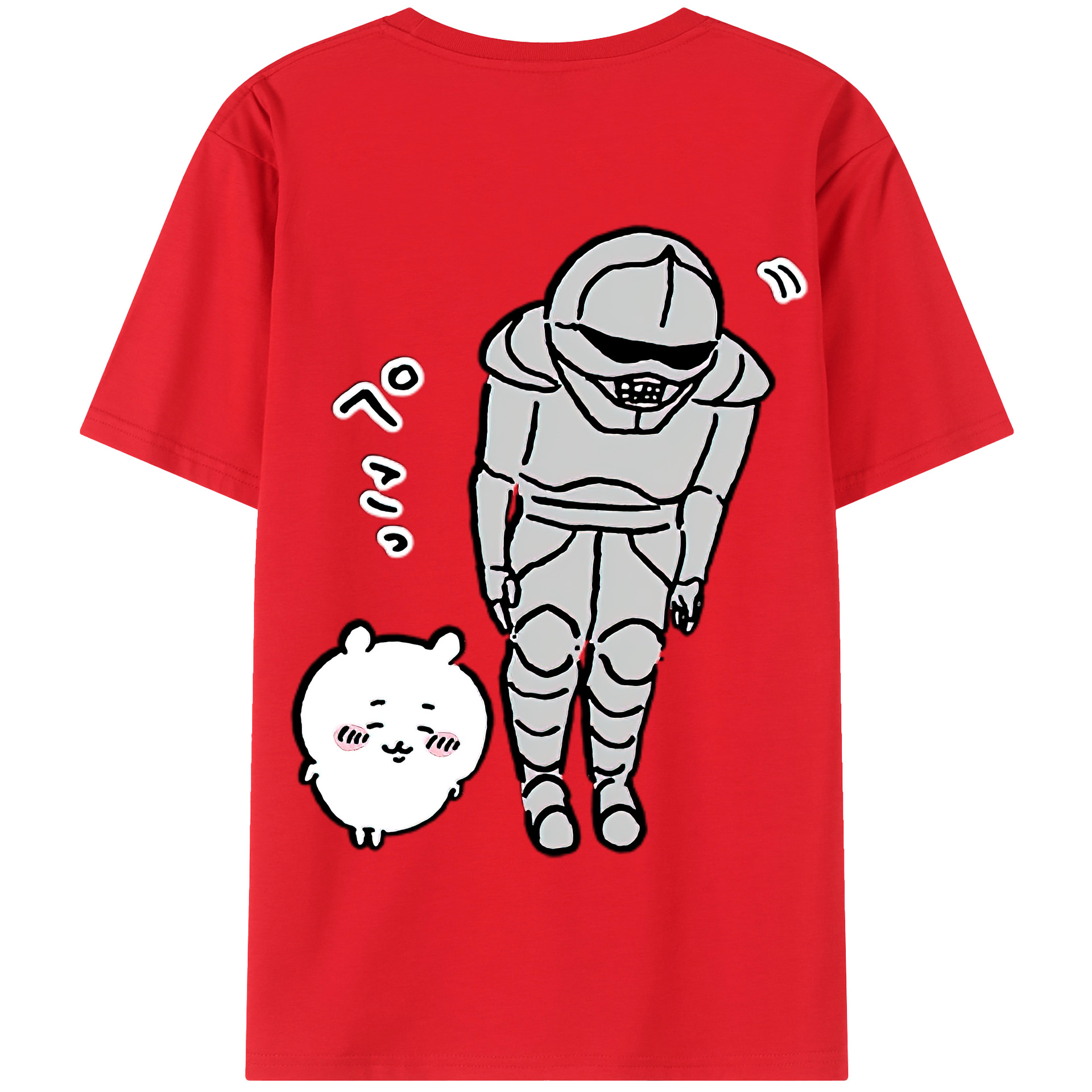 （画像用） ちいかわ 労働の鎧さん Chii-kawa Mr. Armor of Labor 綿100％半袖Tシャツ（背面プリント）