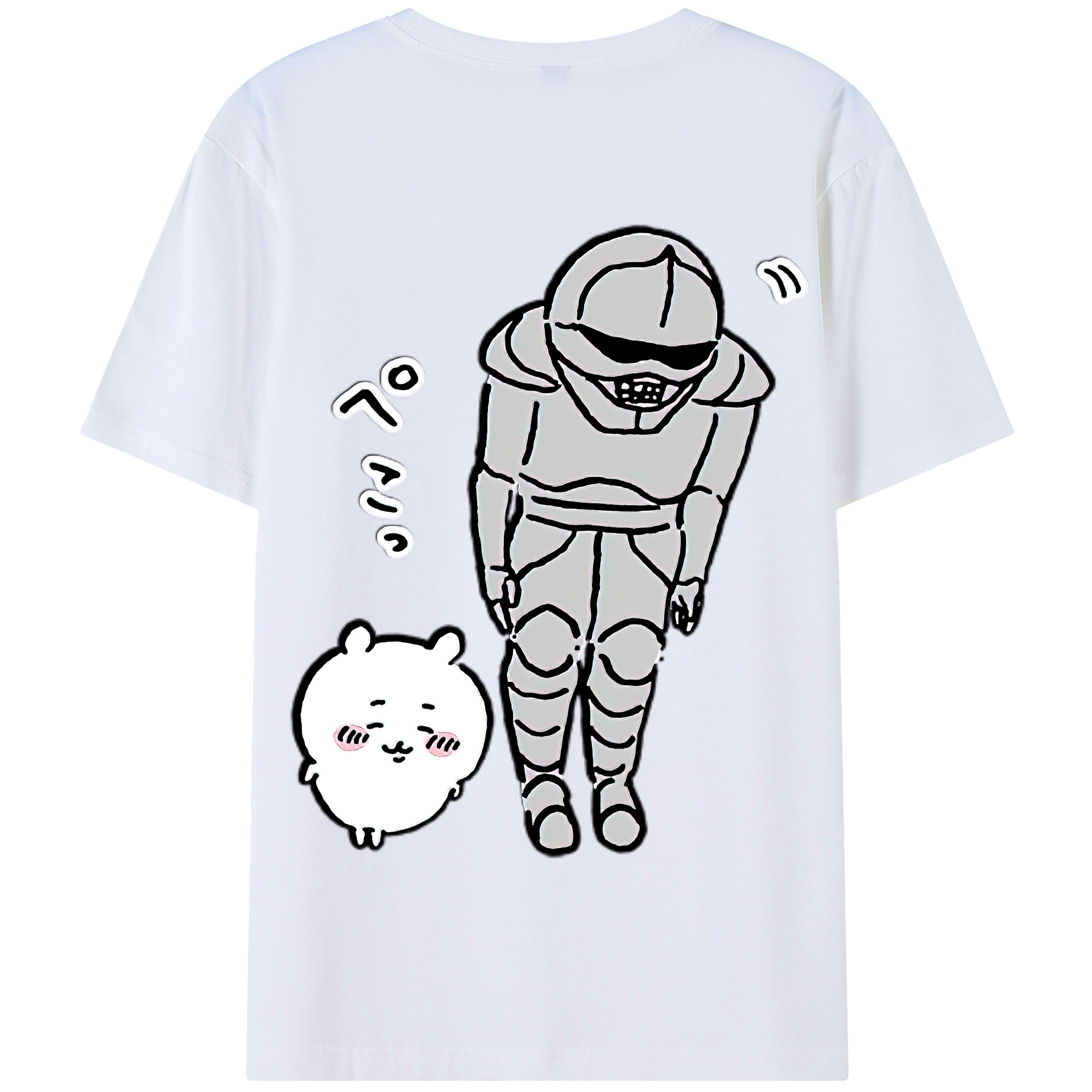 （画像用） ちいかわ 労働の鎧さん Chii-kawa Mr. Armor of Labor 綿100％半袖Tシャツ（背面プリント）