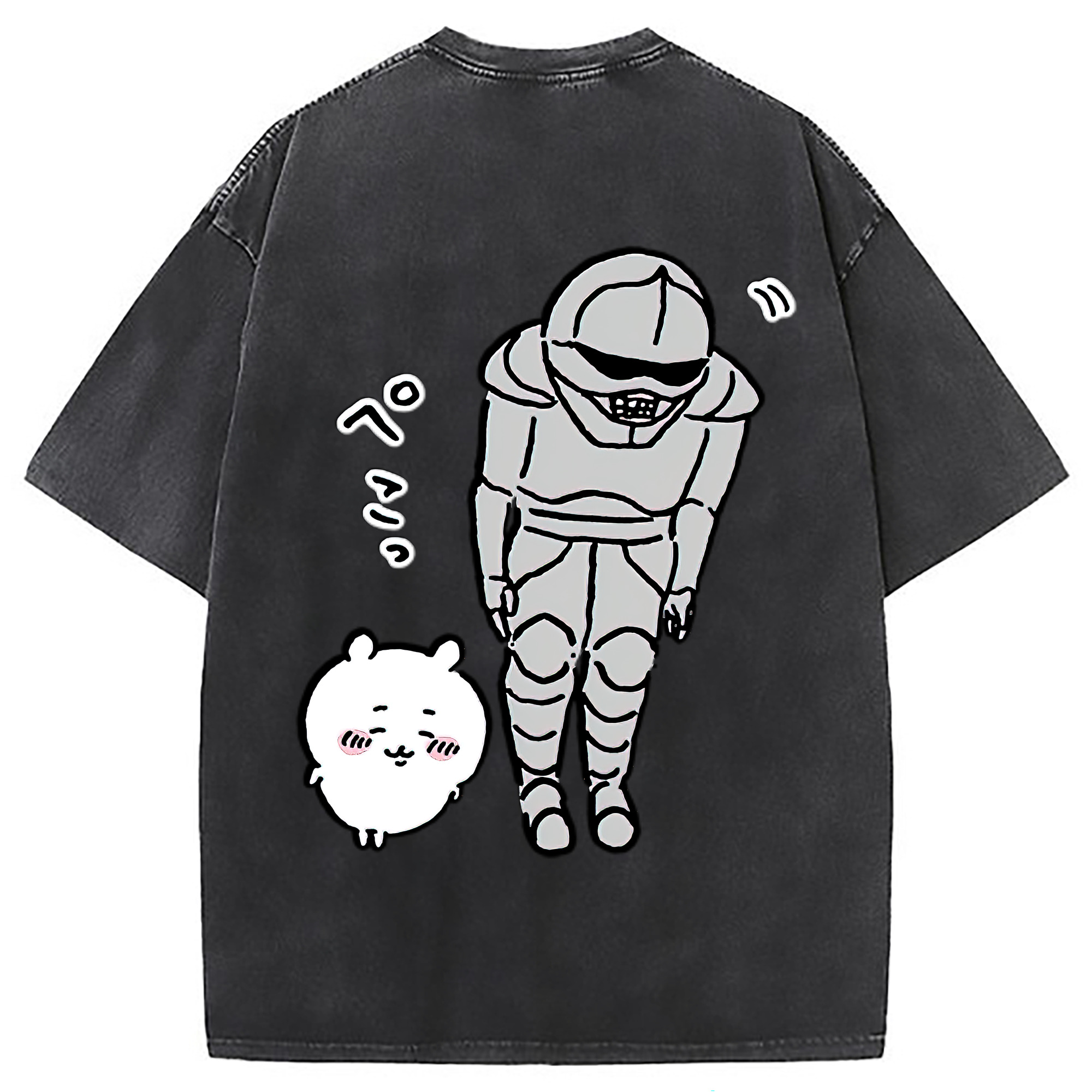 （画像用） ちいかわ 労働の鎧さん Chii-kawa Mr. Armor of Labor 綿100% ヴィンテージ風 半袖Tシャツ（背面プリント）