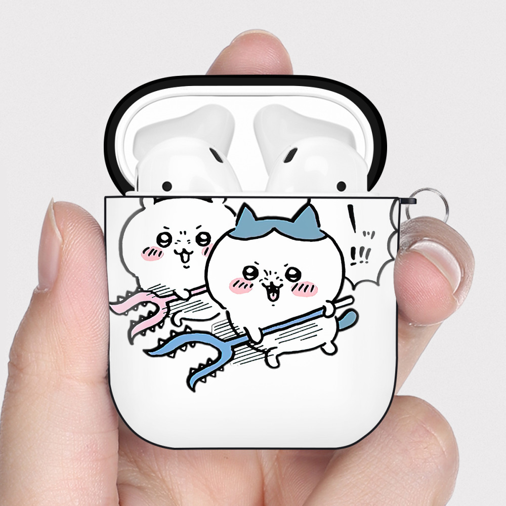 （画像用） ちいかわ ハチワレ Chii-kawa hachiware AirPods 第2世代保護ケース ハードシェル ブラック 耐衝撃・防指紋・カラビナ付き