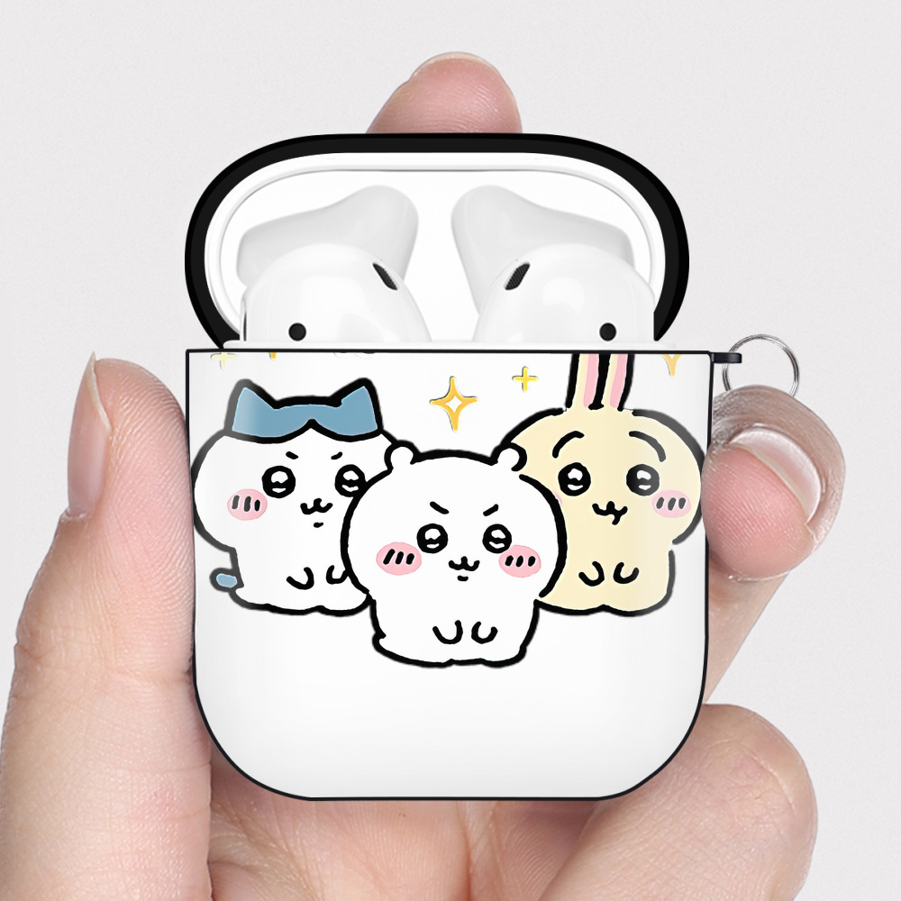 （画像用） ちいかわ ハチワレ Chii-kawa hachiware AirPods 第2世代保護ケース ハードシェル ブラック 耐衝撃・防指紋・カラビナ付き