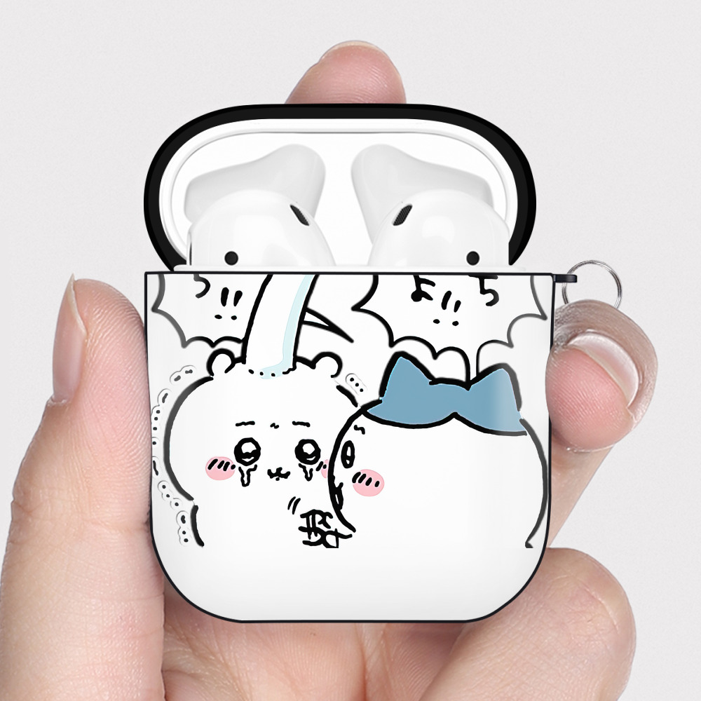 （画像用） ちいかわ ハチワレ Chii-kawa hachiware AirPods 第2世代保護ケース ハードシェル ブラック 耐衝撃・防指紋・カラビナ付き